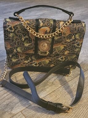 Aldo Pumoori Leopard Crossbody Handbag Double Chain Strap Lion Medallion Clasp